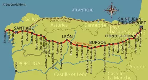 Die Karte, um den Camino de compostela zu gehen: Französischer Weg